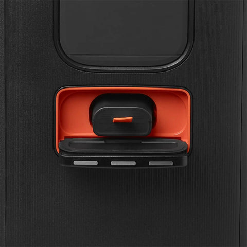 Close-up of Portable Party Speaker With Foldable Handle and Pro Sound, Club 120 rear control compartment, black and orange accents.