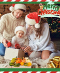 Family in Santa hats sitting by a Christmas tree, opening a gift box, with colorful gourds and festive decorations around them.