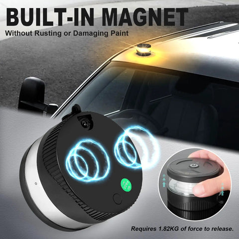 USB-C Wireless Beacon Light With 32 LED Strobe, Magnetic Mount, shown on vehicle roof, emphasizing strong magnet adhesion.