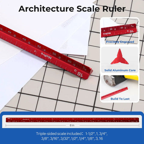 Pro Level Drafting Tools And Geometry Set 21 Piece Architecture Kit with Rugged Carry Case showing red aluminum architecture scale ruler.