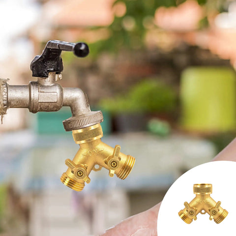 Solid Brass Garden Hose Splitter 2 Way Y Valve With Ergonomic Handles For Easy Grip, Perfect For Arthritis, Includes 2 Rubber Washers And Durable Brass Construction. 3/4 inch brass hose splitter on faucet