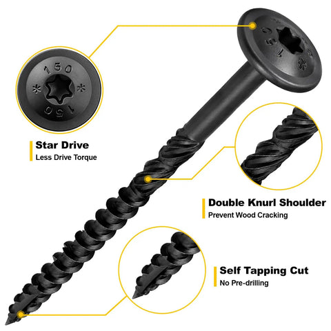 Heavy Duty Lag Screws 5/16 X 3 Inch Structural Bolts With Serrated Threads And Grade 5 Heat Treated Steel, showing Star Drive and self-tapping features.