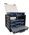 HandyBox Toolbox Storage And Carrying System with four adjustable grid compartments, freestanding or wall mountable, open drawers