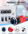 Two Pack 16mm Latching Push Button Switch 12V DC On Off Self Locking With Wire Socket Plug LED Angel Eye Head Blue LED Black Shell