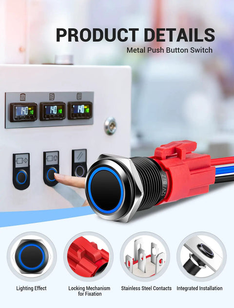 Two Pack 16mm Latching Push Button Switch 12V DC On Off Self Locking With Wire Socket Plug LED Angel Eye Head Blue LED Black Shell