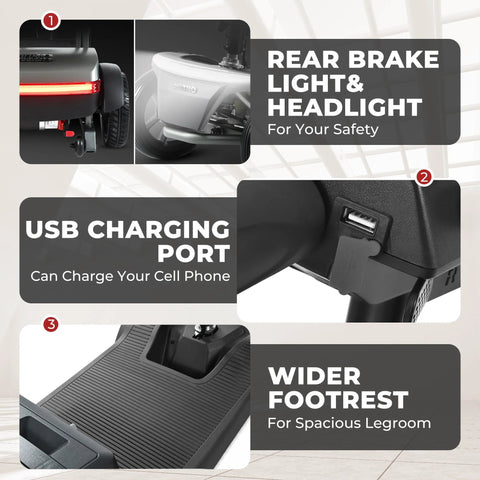 Metro Mobility 4-Wheel mobility scooter, black; USB charging port, LED headlights, wide footrest.
