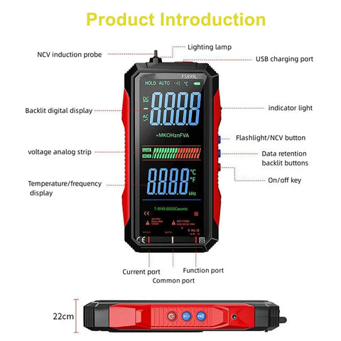 Pro Grade USB Rechargeable Digital Multimeter With 6000 Counts, Auto Range Display, Double Fuse Protection, True Accuracy, front view.