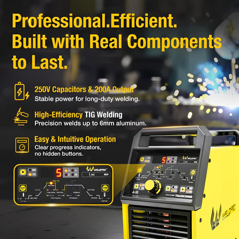 Close-up of 200 Amp AC DC TIG Welder With Pulse, Dual Voltage 110V And 220V, Aluminum TIG And MMA Stick Welder control panel