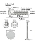 Technical diagram of Eight Piece Stainless Steel Carriage Bolt Kit with Quarter Twenty Bolts, Hex Nuts and Flat Washers.