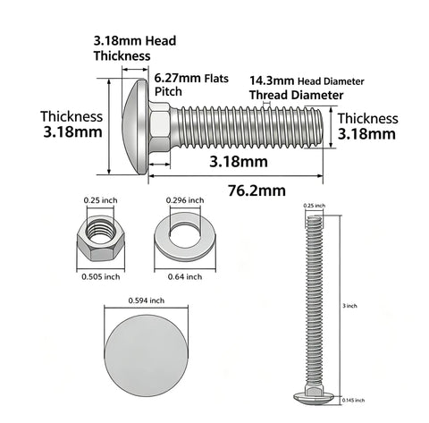 Technical diagram of Eight Piece Stainless Steel Carriage Bolt Kit with Quarter Twenty Bolts, Hex Nuts and Flat Washers.