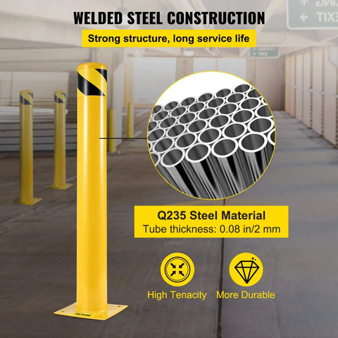 Tough As Nails Heavy Duty Yellow Safety Bollard Barrier 36 Inch Tall 5.5 Inch Diameter Steel Post With Welded Construction in parking lot.