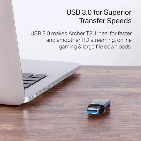 AC1300 USB WiFi Adapter Archer T3U Dual Band Wireless Dongle on desk near laptop