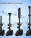 660GPH Submersible Pond Pump With Inside Filter And RGB LED Light Garden Pond Fountain Kit showing four spray nozzles