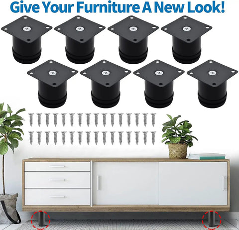 2.5 Inch Heavy Duty Adjustable Black Stainless Steel Furniture Legs Set, Round Cabinet Desk Sofa Coffee Table Feet, 8 Pack With Screws, Each Leg Holds 40kg, Total 320kg, Adjustable 0 To 0.75 Inch, Perfect For Home Shelves.