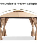 Front view of Arc Roof Patio Gazebo 10x10 Outdoor Canopy Tent with Curved Roof Design, double-tier top, and privacy curtains in khaki.