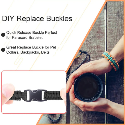 Person wearing paracord bracelet with 100 Pack Three Eighths Inch Curved Contoured Plastic Quick Side Release Buckles For Paracord Bracelets Dog Collars Masks And DIY Straps Durable POM Buckle Clips For Easy Clasp And Replacement.
