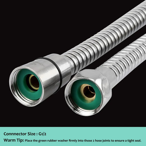 Close-up of Extra Long 10 Ft Shower Hose In 304 Stainless Steel Handheld Replacement showing hose ends and brass inserts.