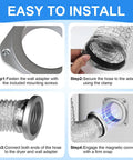 Installation steps for Magnetic Dryer Vent Connector Kit 4-Inch By 31.5-Inch Aluminum Foil Hose With Clamps.