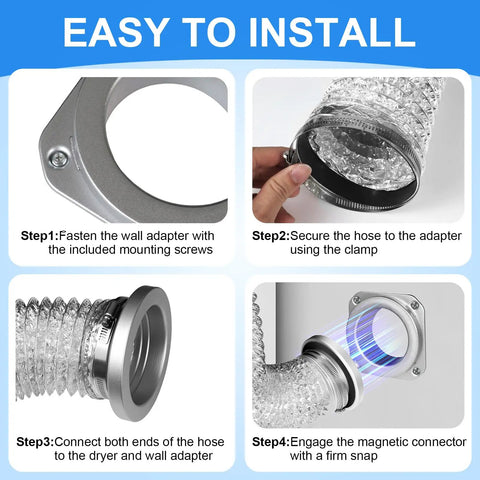 Installation steps for Magnetic Dryer Vent Connector Kit 4-Inch By 31.5-Inch Aluminum Foil Hose With Clamps.