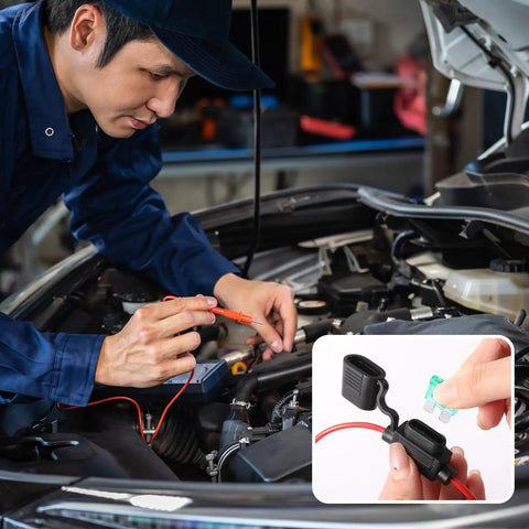 Technician using 24 Pcs Workhorse Inline Fuse Holder Kit With Atc Blade Fuses 30 Amp Heavy Duty Tin Plated Copper Contacts Durable Rubber Caps Ultimate Upgrade For Auto Truck And Diy Electrical Builds on car engine.
