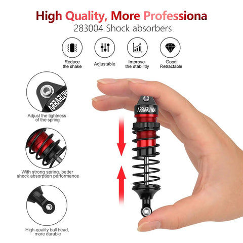 Hand holding black and red shock from 4Pcs Front And Rear RC Car Shocks Damper Assembly Set For 1 By 10 Scale RC Trucks 2WD And 4X4