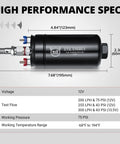 Specifications for Beefed Up High Flow Inline Fuel Pump Kit For 12V EFI Systems, image showing 300 LPH electric pump dimensions.