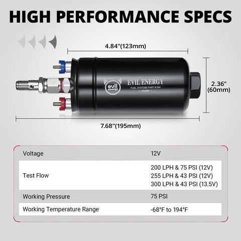 Specifications for Beefed Up High Flow Inline Fuel Pump Kit For 12V EFI Systems, image showing 300 LPH electric pump dimensions.
