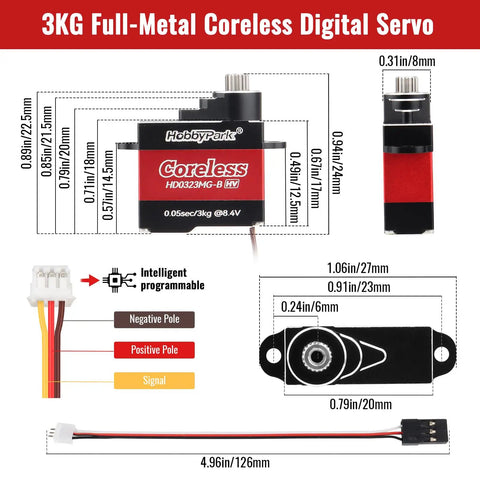 Premium Coreless RC Plane Servos Featuring All Metal Gears And Hella Smooth Micro Digital Servo Motor with detailed dimensions and wiring.