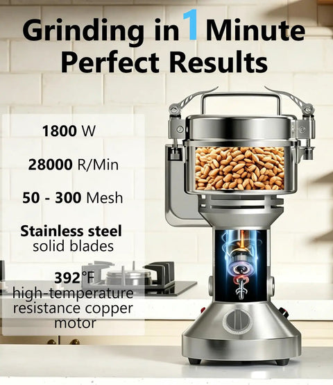 Powerhouse 1800W High Speed Grain Mill Grinder For Wheat Rice Corn Spices And Herbs stainless steel showing grinding chamber