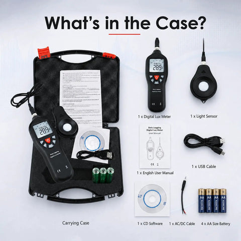 Pro Grade Digital Light Meter Lux Meter With Detachable Sensor 0 To 200000 Lux Range, case and accessories