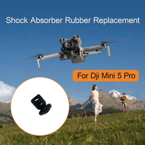 Replacement Gimbal Shock Rubber Damper For DJI Mini 5 Pro showcasing drone in flight with rubber damper detail view