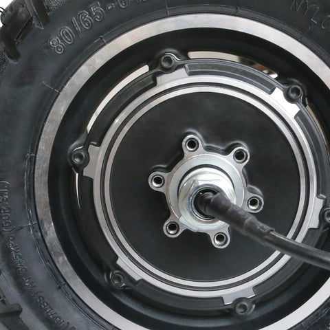 Built Different 10 Inch 48V 350W Brushless Hub Motor Wheel With Off Road Tire showing disc brake mount and connectors.