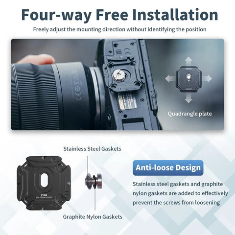 Multi Hole Camera Quick Release Plate Kit With 1 Quarter To 3 Eighth Inch Thread shown with four-way installation and anti-loose design