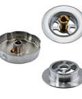 Close-up of components from 45 Inch Cable Drive Bath Drain Trim Kit With Rotary Overflow Cover Knob Pop Up Stopper And Schedule 40 PVC Fittings In Polished Chrome No Fuss For Modern Bathrooms.