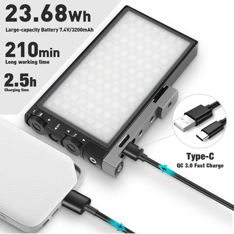 G1s RGB Video Light With App Control, 12W Portable LED Camera Light, showing battery capacity, charging time, and Type-C cable.