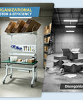 Solid Ecommerce Packing Table And Mobile Shipping Station With Built In Power And Led Lights, Ergonomic Standing Workbench Featuring Esd Safe Surface, Tape Dispenser, Storage Shelves, Built Tough Frame, Smooth Rolling Wheels, 1400 Lb Capacity in organized workspace with packaging materials.