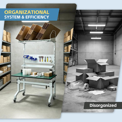 Solid Ecommerce Packing Table And Mobile Shipping Station With Built In Power And Led Lights, Ergonomic Standing Workbench Featuring Esd Safe Surface, Tape Dispenser, Storage Shelves, Built Tough Frame, Smooth Rolling Wheels, 1400 Lb Capacity in organized workspace with packaging materials.