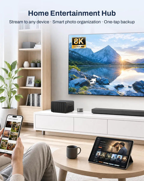 Kickass Five Bay Network Attached Storage Rig Built With Snappy Intel Core I3 Processor And Bountiful Eight Gigs Ddr5 Ram For Seamless Video Swapping And Lightning Fast Nvme Drives in a modern entertainment setup.