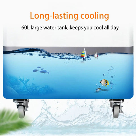 Don't Sweat The Heat With This Portable Evaporative Air Cooler Featuring Silent Swamp Cooling, 60L water tank under water detail.