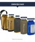 Compatible dry bags with a sling strap, showcasing different sizes and colors, featuring the Dry Bag Sling Strap For Hands Free Carrying Turn Your Dry Bags Into An Over The Shoulder Or Crossbody Tote 38 Inch Adjustable Nylon Webbing With 3D Mesh Shoulder Pad For Even Weight Distribution.