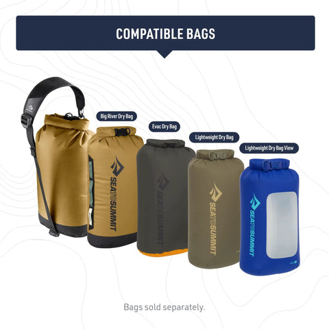 Compatible dry bags with a sling strap, showcasing different sizes and colors, featuring the Dry Bag Sling Strap For Hands Free Carrying Turn Your Dry Bags Into An Over The Shoulder Or Crossbody Tote 38 Inch Adjustable Nylon Webbing With 3D Mesh Shoulder Pad For Even Weight Distribution.