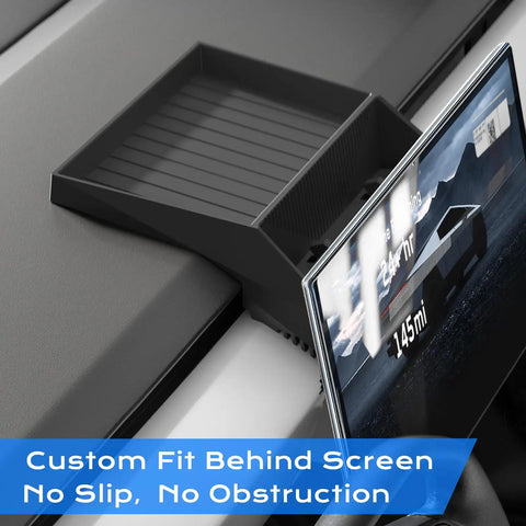 Center Console Organizer For Tesla Cybertruck Behind Screen Storage Tray with screen view and no slip mats in black
