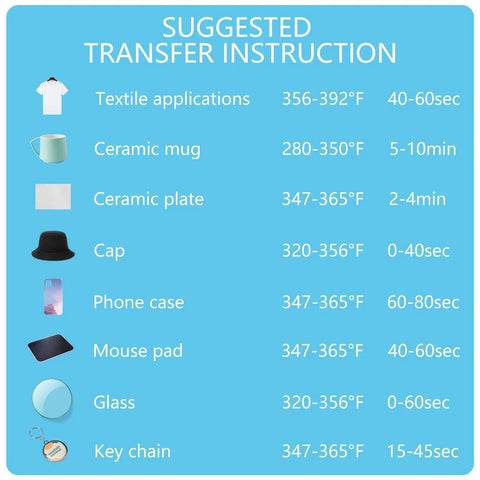 Chart with suggested transfer instructions for 8.5x11 Sublimation Paper 150 Sheets 105G High Ink Release For Tumblers Mugs And T Shirts