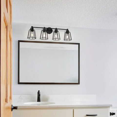 Farmhouse Vanity Light for Bathroom, 4 Light Industrial Over Mirror Fixture in Matte Black With Cage Shade, Cozy Farmhouse Vibe