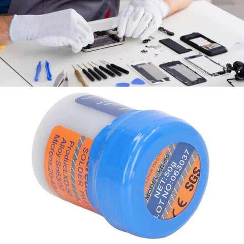 Technician using No Clean Solder Paste Sn63 Leaded Flux For SMT Patch And Electronic Repair Dope 50g Jar, close-up of jar and tools