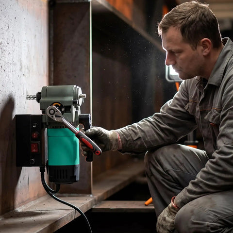 Worker adjusting ZHIMAI 1450W Magnetic Drill Press With 1.4 Inch Boring Diameter Provides Super Strong 10000N Holding Power For Metal Jobs.