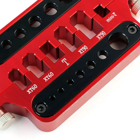 Slick Aluminum Soldering Insulation Station Jig For RC Battery Connectors XT60 XT90 And Banana Plugs, red aluminum multi-port design.