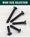 10-32 By 3/4 Inch Flat Head Socket Head Cap Screws Black Oxide Coated 304 Stainless Steel 18-8 Full Thread Coarse Hex Drive 1/8 Inch 50-Pc Set Tough-As-Nails Built For DIYers And Outdoor Use shown in different sizes on a wooden surface