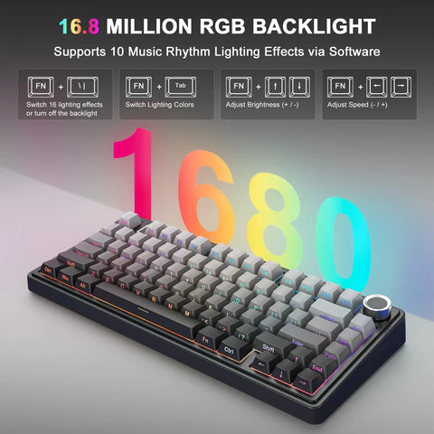 Top Notch 75 Percent Wireless Mechanical Keyboard Featuring Gasket Mount Build Hot Swappable Switches Tri Mode Bluetooth Connectivity with RGB backlight.