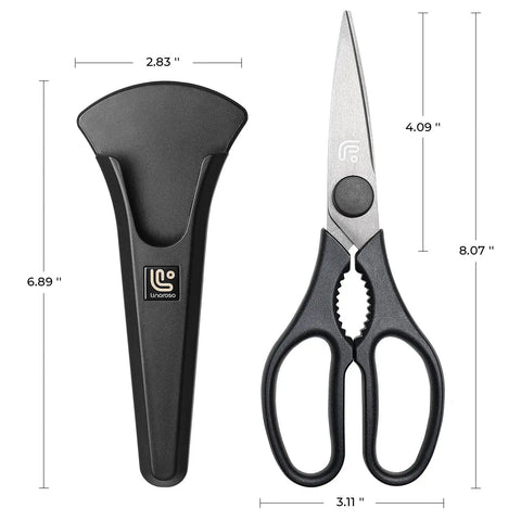 Magnetic Kitchen Scissors All Purpose Heavy Duty Shears With Break Apart Blades For Meat Poultry Veggies Herbs And Pizza Dishwasher Safe Black With Magnetic Holder For Easy Cleaning And Precise Cutting On Every Kitchen Task. 8.1-inch black steel shears with holder, dimensions shown